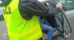 Na zdjęciu policjant umieszcza zatrzymanego w radiowozie.
