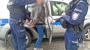 Na zdjęciu policjanci umieszczają jednego z zatrzymanych mężczyzn w radiowozie.