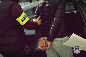 Na zdjęciu policjant umieszcza zatrzymanego w radiowozie.