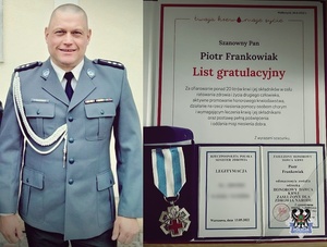 Piotr Frankowiak Honorowy Dawca Krwi oraz list gratulacyjny i pamiątkowy medal.