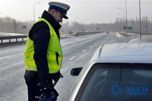 Na zdjęciu policjant podczas kontroli drogowej.