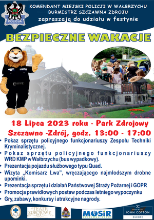 Plakat promujący festyn pn. Bezpieczne wakacje