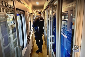 Na zdjęciu policjant w wagonie kolejowym.