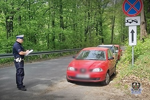 Policjant i pojazd zaparkowany w miejscu niedozwolonym