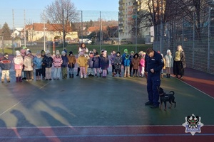 Na zdjęciu policjant podczas pokazu psa służbowego z udziałem dzieci.