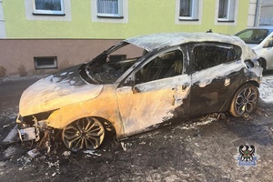 Na zdjęciu uszkodzony w wyniku podpalenia samochód osobowy.