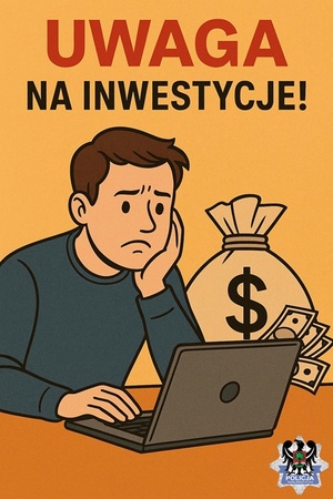 Plakat z napisem Uwaga na inwestycje i wizerunek mezczyzny przy laptopie w tle pieniądze