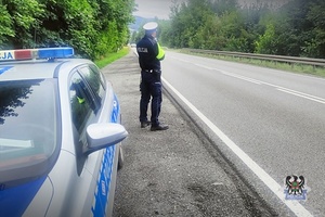Na zdjęciu policjant i radiowóz.