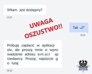 ZDEJĘCIE ROZMOWY TEKSTOWEJ NA PORTALU OLX Z OSTRZEŻENIEM  UWAGA OSZUSTUWO
