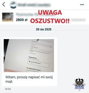 ZDJĘCIE WIADOMOŚCI TEKSTOWEJ  Z NAPISEM UWAGA OSZUSTWO