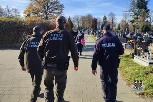 Na zdjęciu policjant i strażnicy leśni w rejonie cmentarzy.