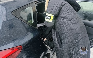 Na zdjęciu policjantka umieszcza zatrzymanego w radiowozie.