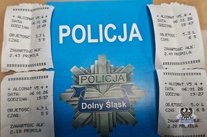 Zdjęcie z wydrukami prowadzonych badań na zawartość alkoholu.