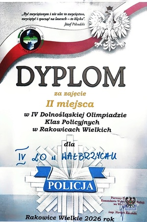 Dyplom za zajęcie drugiego miejsca w olimpiadzie.