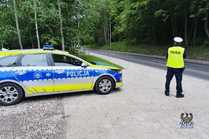 Na zdjęciu radiowóz oraz policjant.