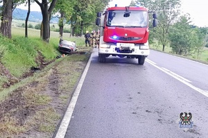 Na zdjęciu strażacy oraz samochód, który dachował w rowie.
