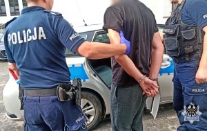 Na zdjęciu policjanci umieszczają zatrzymanego mężczyznę w radiowozie.